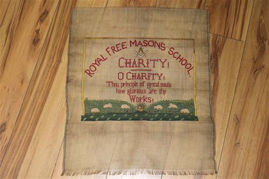 Three 19th century embroidered linen samplers relating to the Royal Freemasons School for Female Children (unframed)